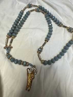 Gold Saint Pendant Rosary with Blue-Gray Faceted Beads